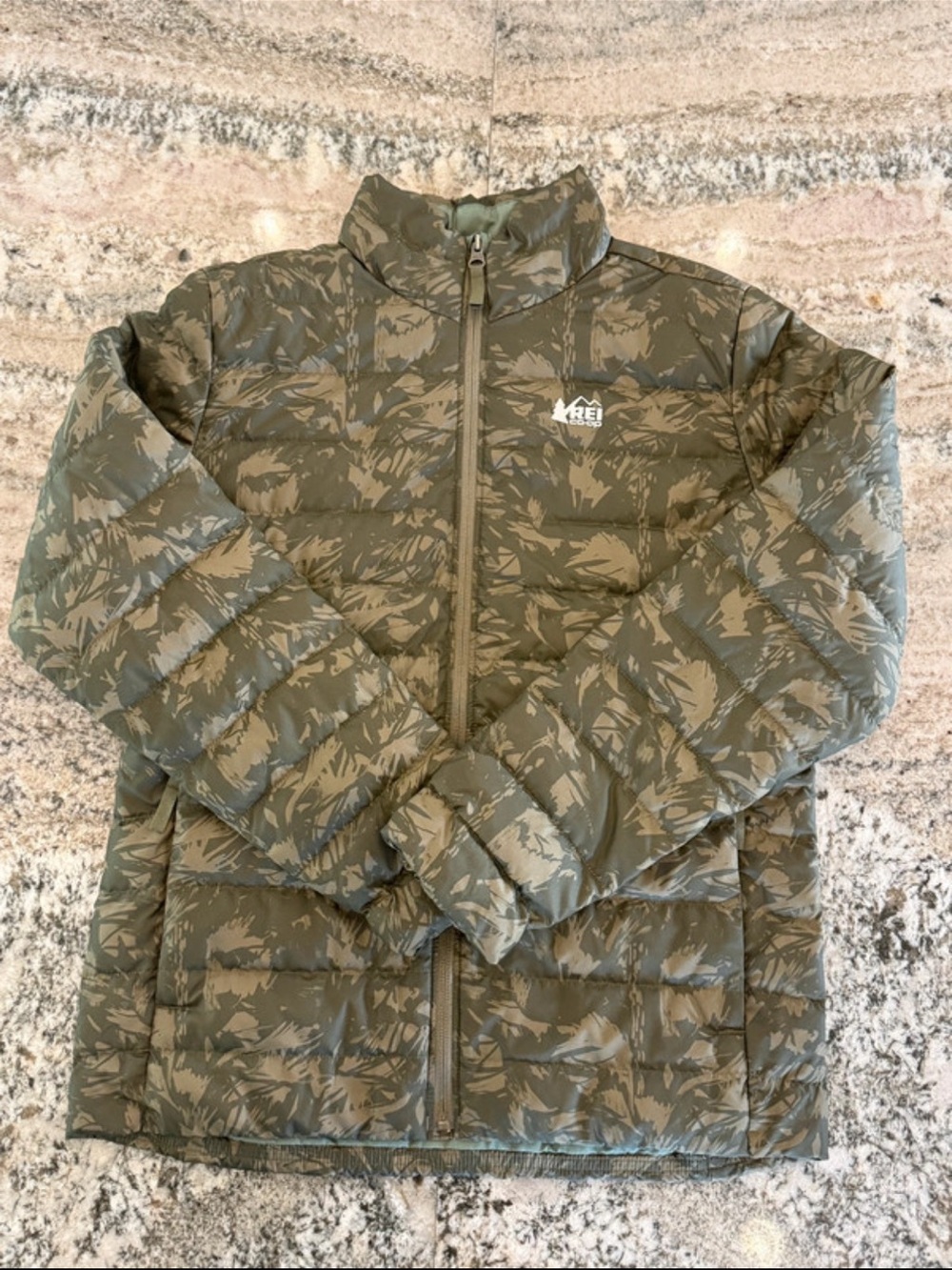LIKE NEW REI Youth Olive Green Packable Puffer Jacket 650 Fill Size Large
